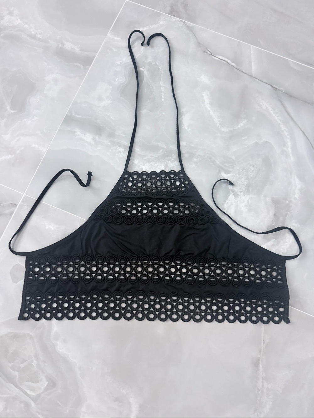 BECCA black halter Swim High
Neck Bikini Top with Lace Macramé details M